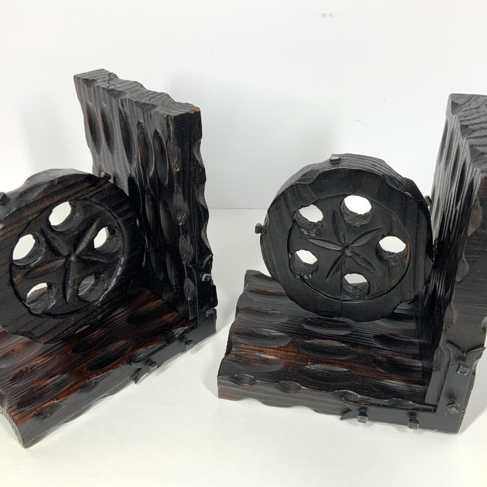 Mid Century Brutalist Style Bookends Industrial Pulley Wood & Iron Made in Spain